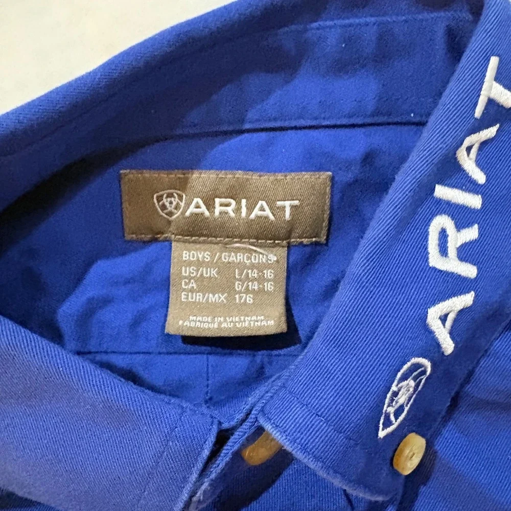 Ariat Boys Royal Blue Long Sleeve Western Logo Button Down Shirt Size L 14-16